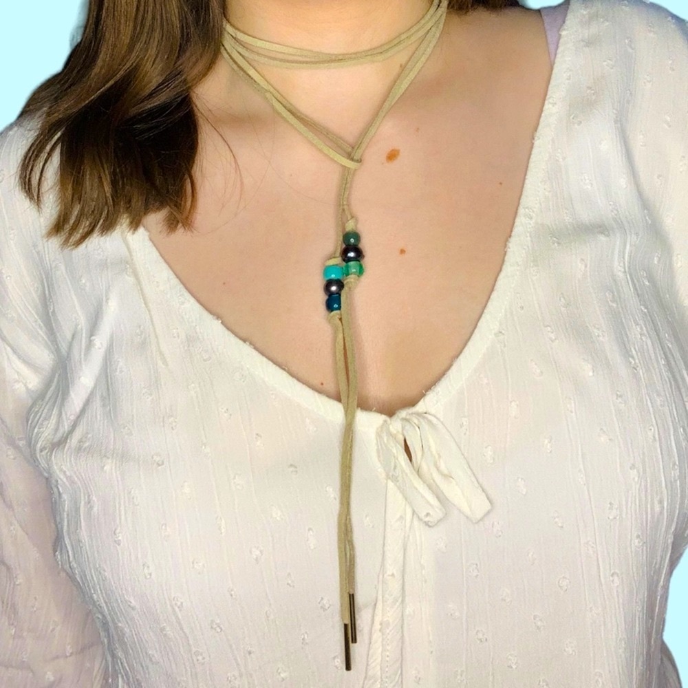 Handmade Peacock Pearl Beaded Suede Cord Wrap Necklace Festival Boho Neutral